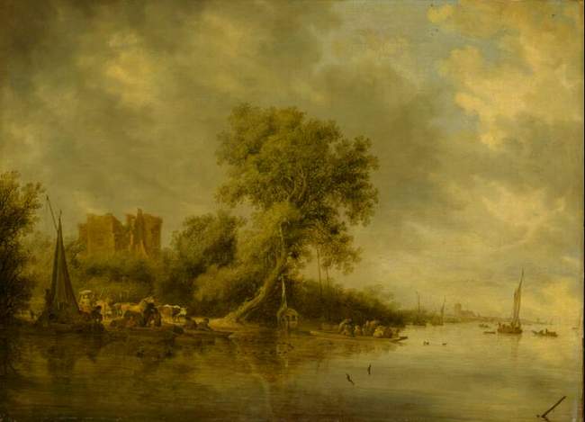 Саломон ван Рюисдел (1600-1670) 'Речной пейзаж с руинами замка Эгмонд'