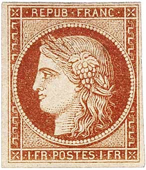 Почтовая марка 1849. 1 франк. Рисунок и гравировка Жак-Жана Барра